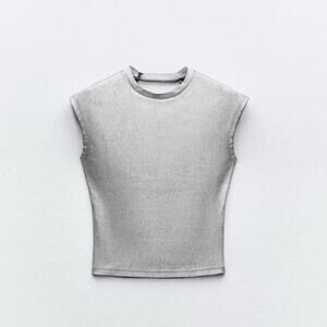 Zara Silver Foil Rib Open Back T-Shirt - Size S
